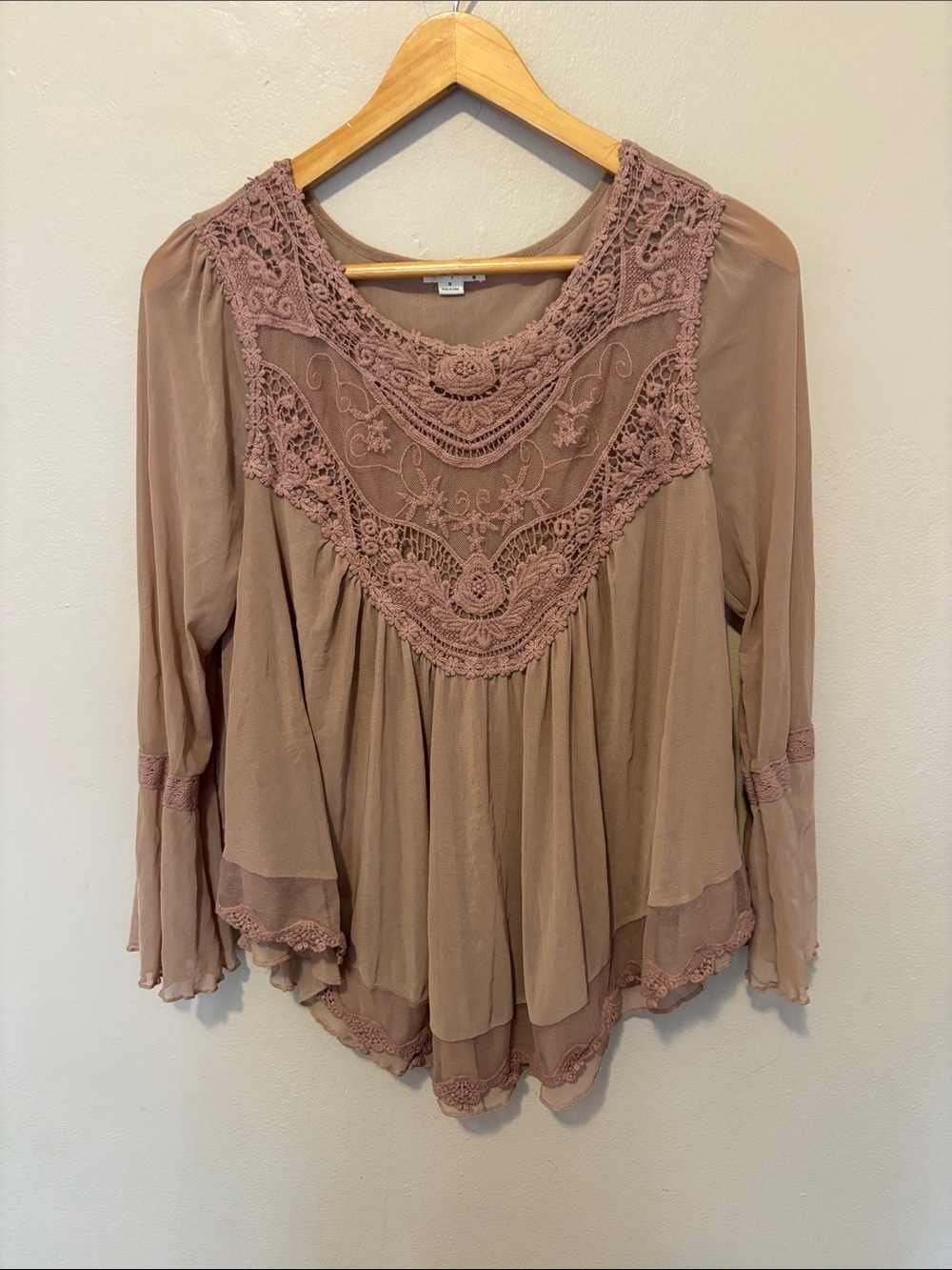 Ultra Pink Lace Yoke Peasant Blouse - Mauve